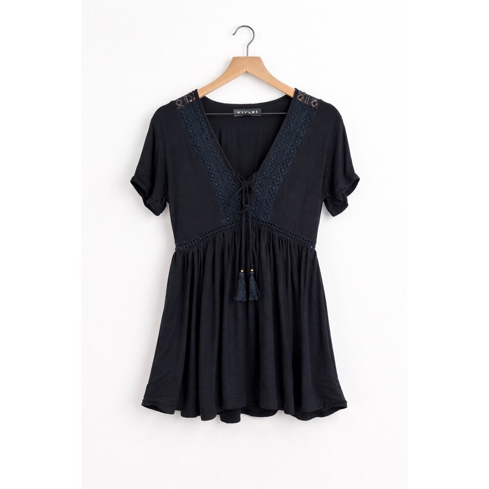 Kivari Black Peasant Mini‎ Dress Lace Up Tassel Boho Chic Festival Size Small